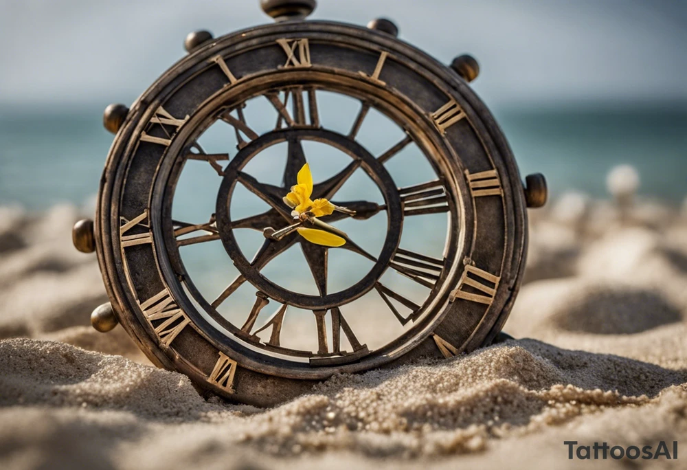 un reloj de arena que dentro de él habrá un barco enterrado en la arena, y al pie del reloj habrán flores. Bajo las flores habrá un papelito que diga "Atiny" y de él saldrán enredaderas con hojas pequeñas encerrando el reloj y arriba cerrará con un papelito que diga "Star1117" tattoo idea