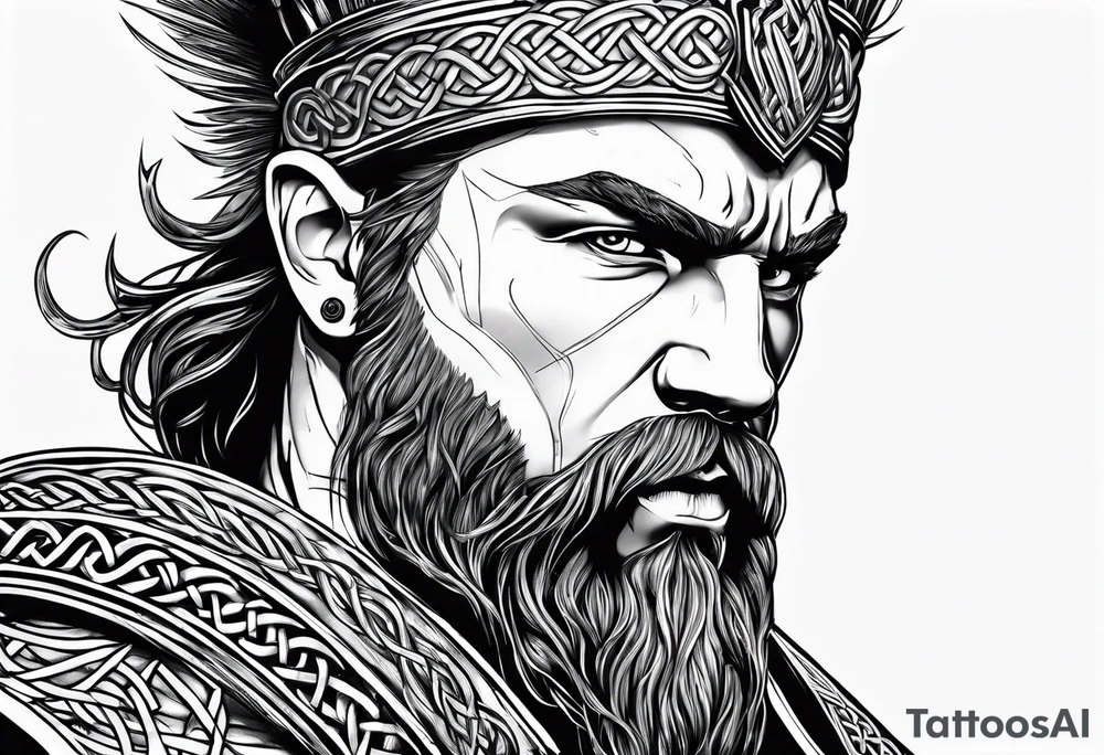 Celtic warrior facing left with trees I'm background tattoo idea