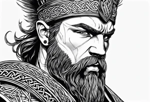 Celtic warrior facing left with trees I'm background tattoo idea