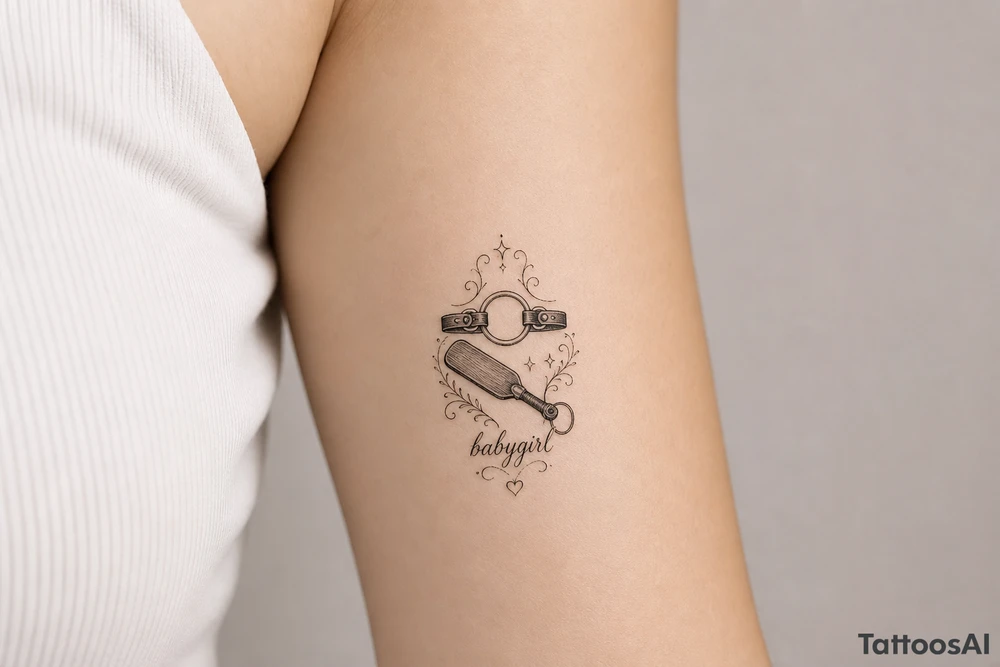A tattoo for a submissive named babygirl, with a ring gag and a paddle. tattoo idea