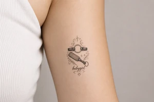A tattoo for a submissive named babygirl, with a ring gag and a paddle. tattoo idea
