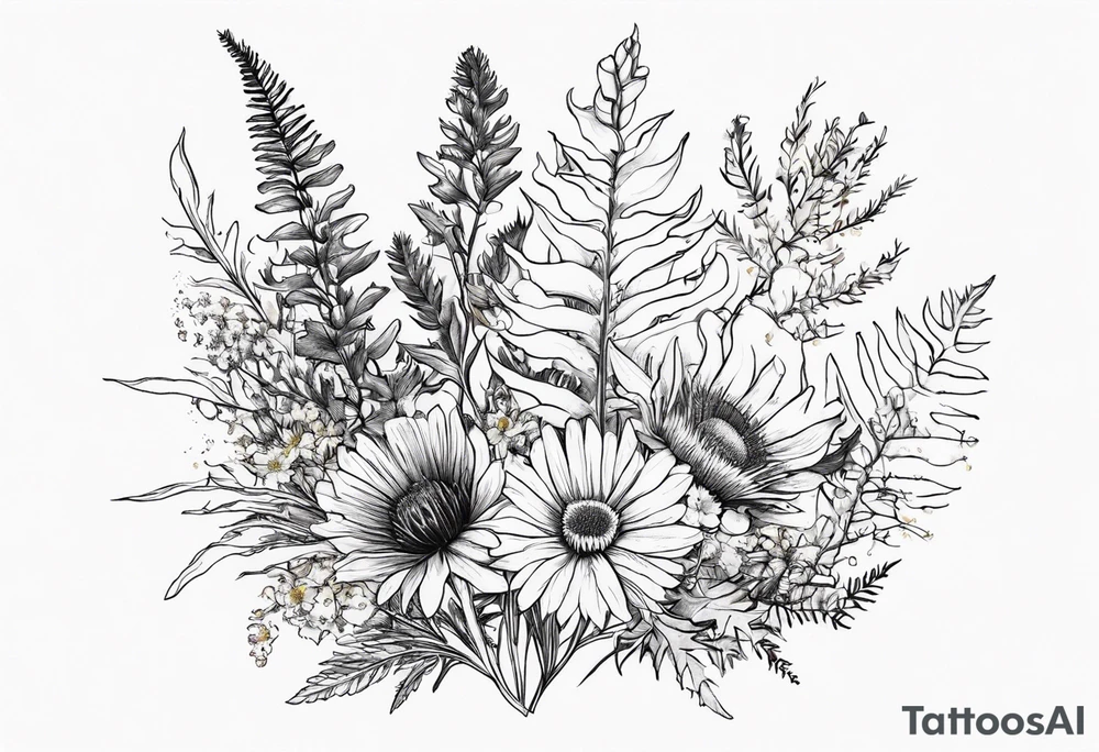 spread out mixed wildflower bouquet with ferns, thistle and with rcolor tattoo idea