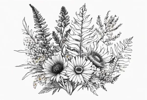 spread out mixed wildflower bouquet with ferns, thistle and with rcolor tattoo idea