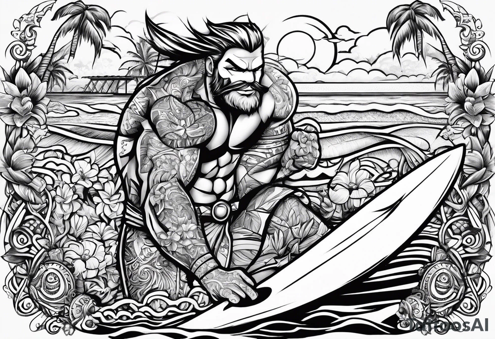 beachbum superhero on a surfboard with tiki guys tattoo idea
