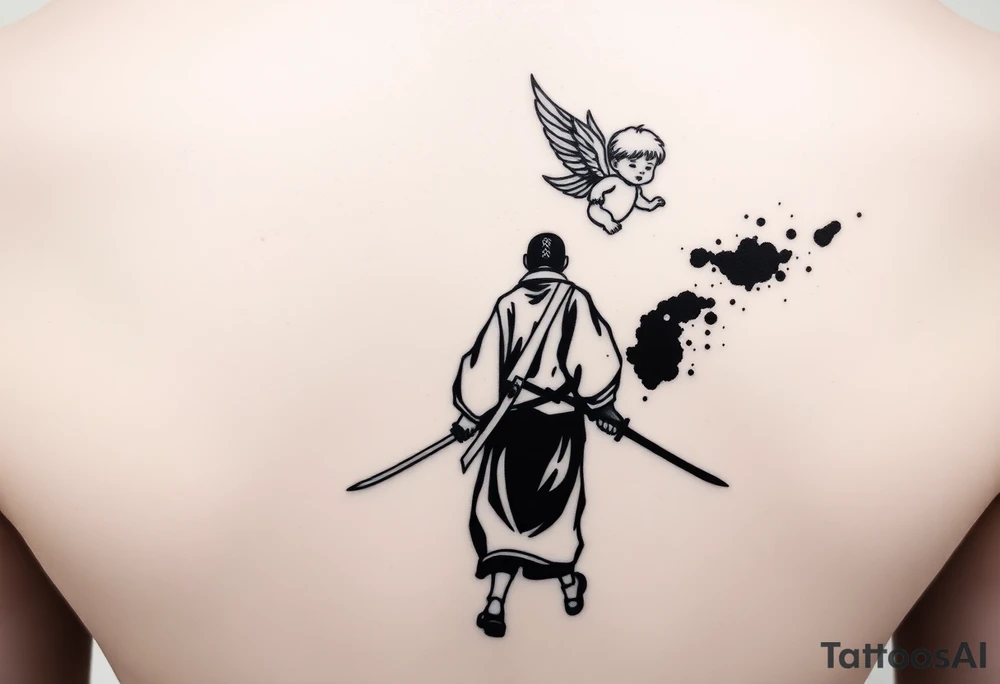 "Blackwork tattoo sketch of a lone samurai walking forward, shown in dramatic silhouette style. The samurai wears traditional kimono and hakama, holding a katana in one hand with the blade pointing downward. Behind him floats a small child angel with detailed feathered wings, gently touching the samurai’s back with one hand, as if stopping or guiding him. Strong contrast, dynamic ink splatter, rough brush strokes, Japanese sumi-e vibe, emotional and symbolic composition, high detail linework, no background." tattoo idea
