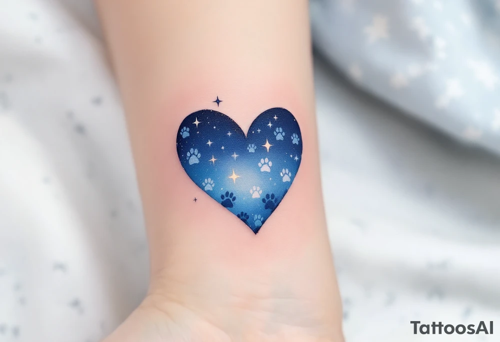 A heart made from overlapping paw prints, with a gradient effect turning from dark blue to light blue, as if the heart is made from a night sky. Small stars are dotted within the heart, and the surrounding area is shaded with soft black to give a dreamy, celestial feel.  Dark Blue, Light Blue, White (for stars), Black (for shading). tattoo idea