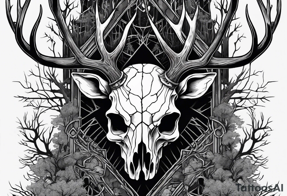 A side view of a decayed deer skull JUST BONE surrounded by trees and fire in background tattoo idea