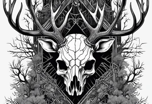 A side view of a decayed deer skull JUST BONE surrounded by trees and fire in background tattoo idea