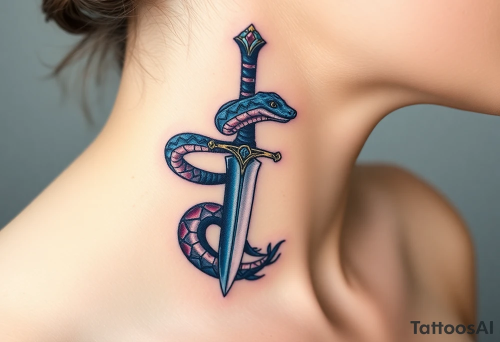 mystical snake coiled around an ancient dagger with jeweled hilt tattoo idea