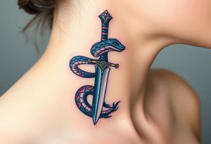 mystical snake coiled around an ancient dagger with jeweled hilt tattoo idea