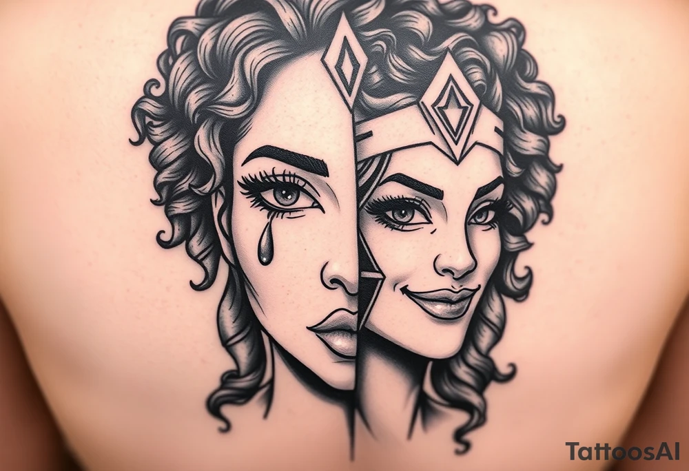 A beautiful woman with beautiful curly hair, and a teardrop falling from her eyes, African American blend into one face with the othe 1/2 a beautiful super hero women with a crown and a smirk on her face. Embodying 1/2 faced one soft and gentle-one strong and mighty. Blend together onto 1 face tattoo idea