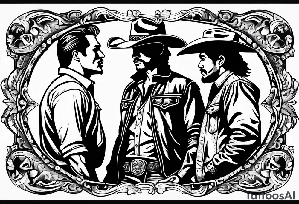 A cowboy and a mexican having a mexican standoff draw tattoo idea