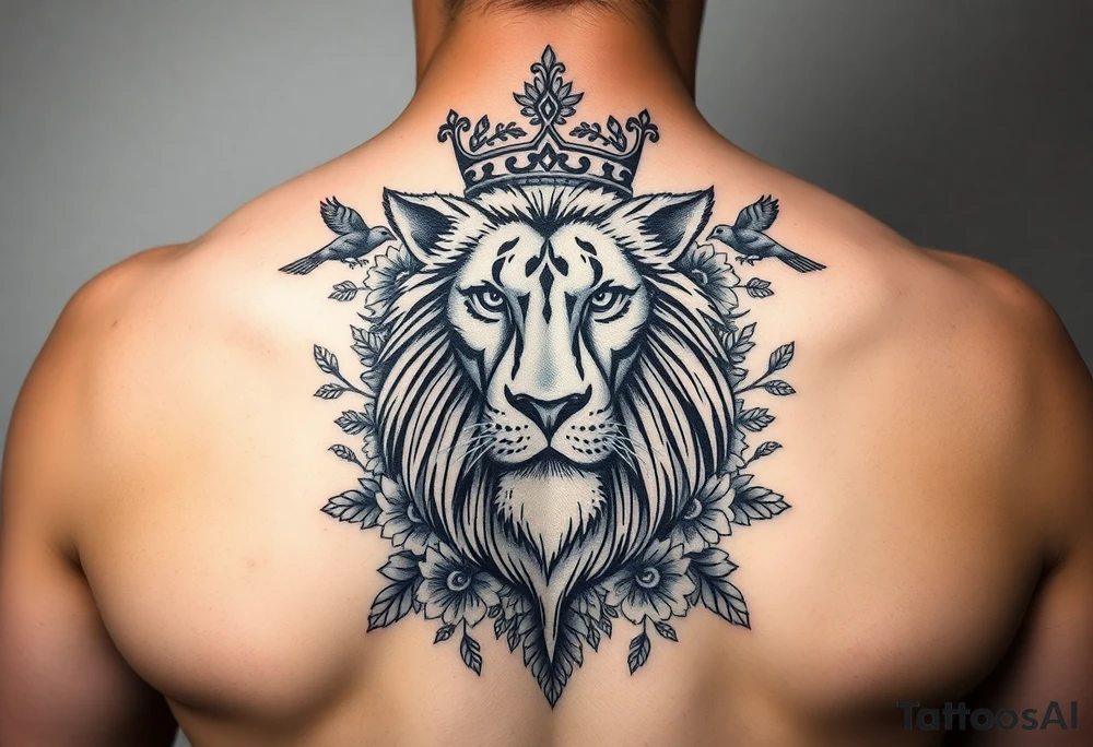 powerful majestic lion with a crown, surrounded by floral ornaments and birds tattoo idea