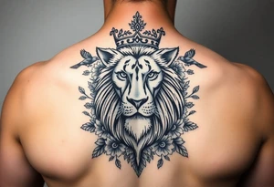 powerful majestic lion with a crown, surrounded by floral ornaments and birds tattoo idea