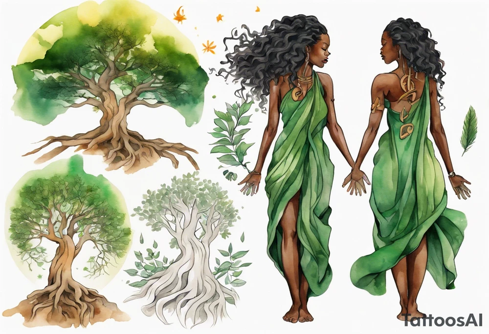 a tree trunk with roots that is a beautiful black woman from the waist up, arms reaching up to the sun, wearing a green tunic tattoo idea