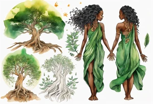 a tree trunk with roots that is a beautiful black woman from the waist up, arms reaching up to the sun, wearing a green tunic tattoo idea