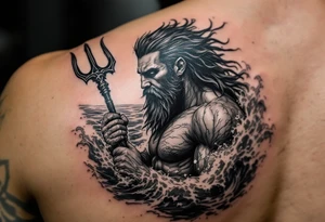 fit poseidon, with trident, in rough water, looking at the horizon tattoo idea