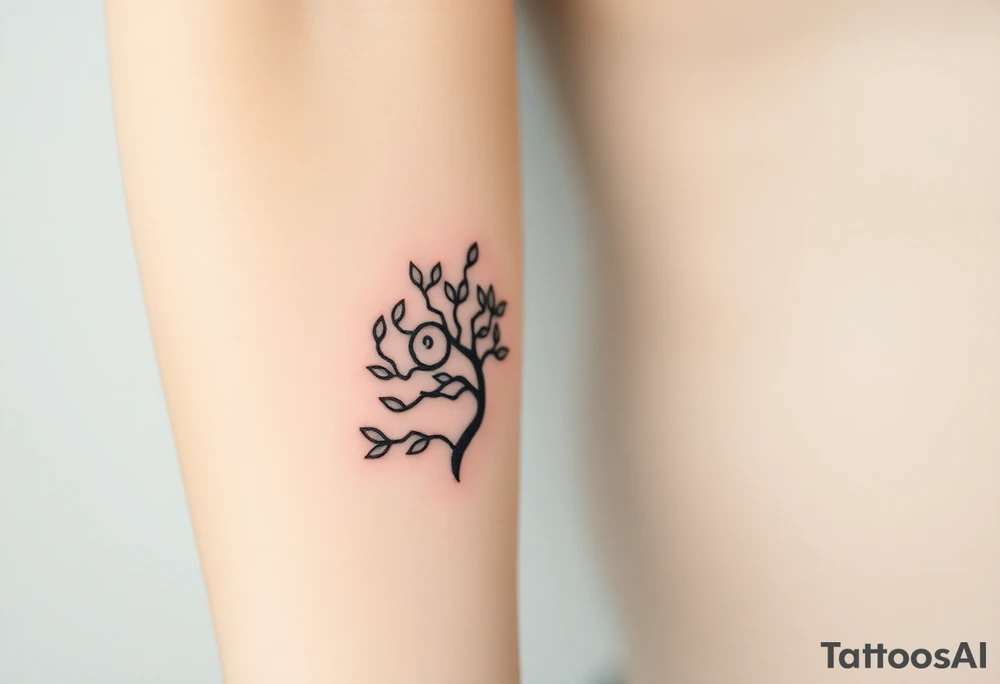 Fibonacci spiral shell inside of tree with little leaves tattoo idea