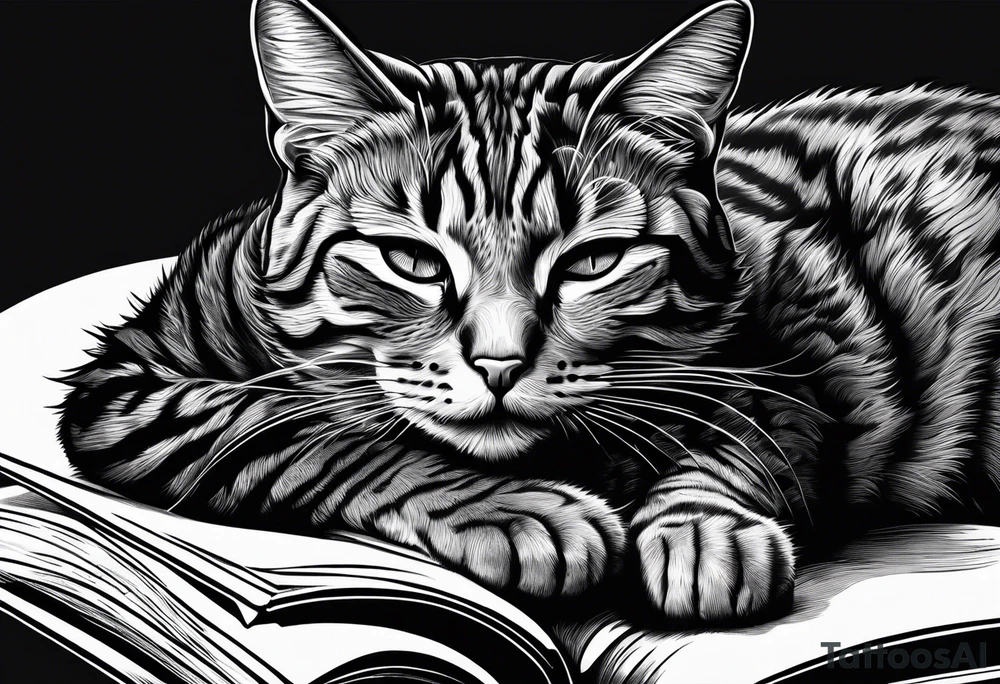 gray tabby cat sleeping with a book sleeve tattoo tattoo idea