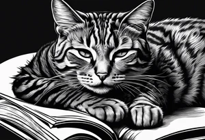 gray tabby cat sleeping with a book sleeve tattoo tattoo idea