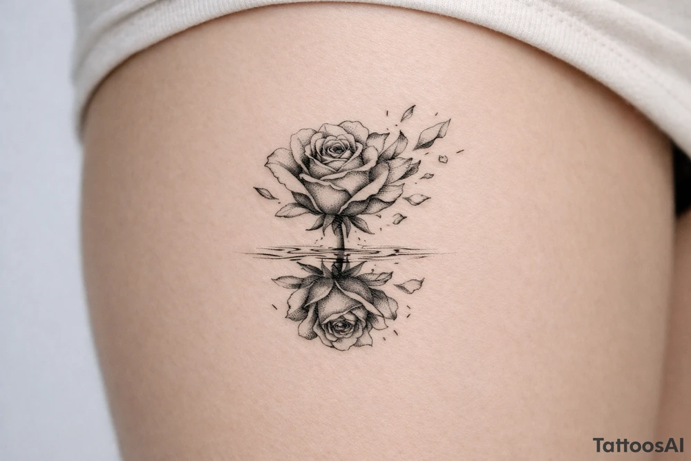 Single rose, petals shattering outwards, mirror reflection tattoo idea