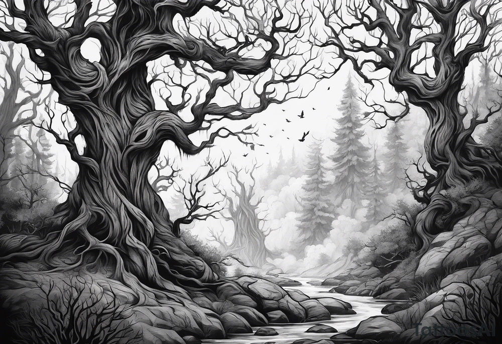Leshy creepy trees tall tattoo idea