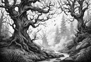 Leshy creepy trees tall tattoo idea