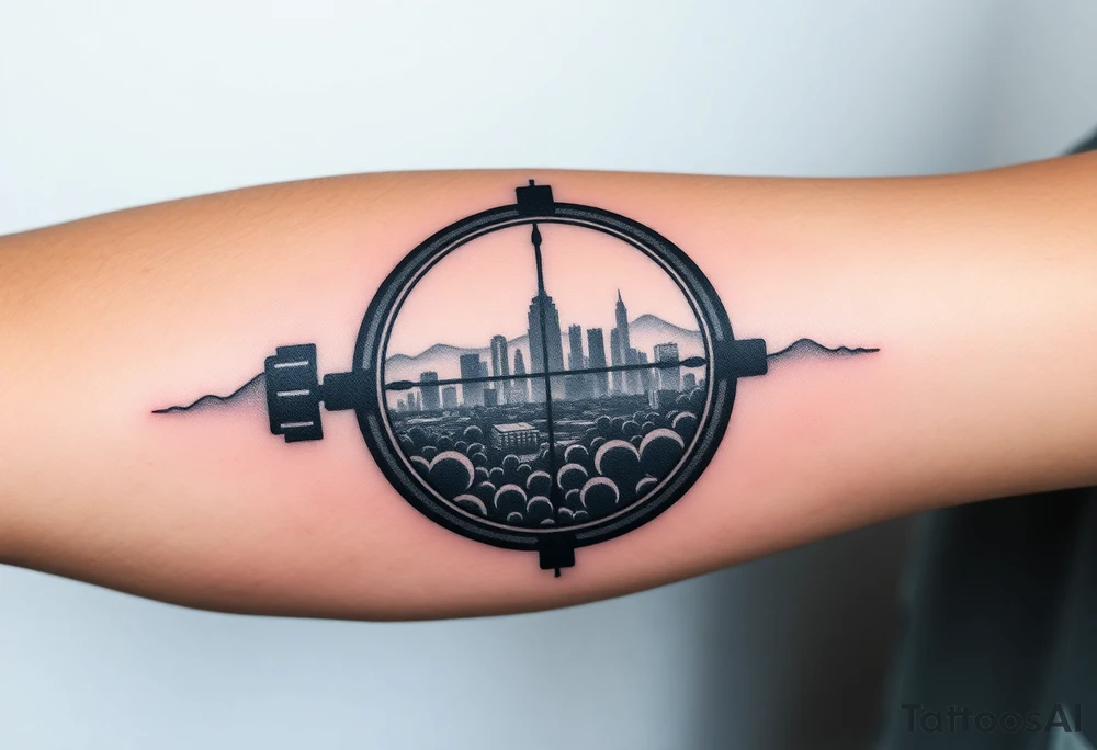 scope crosshairs with eerie Los Angeles city horizon in background tattoo idea