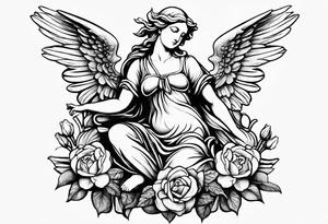 Simple Angel statue stood on a rock with daffodils and roses wrapped around its legs tattoo idea