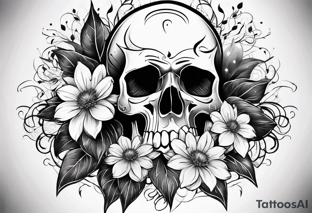 skull and aster flower tattoo idea