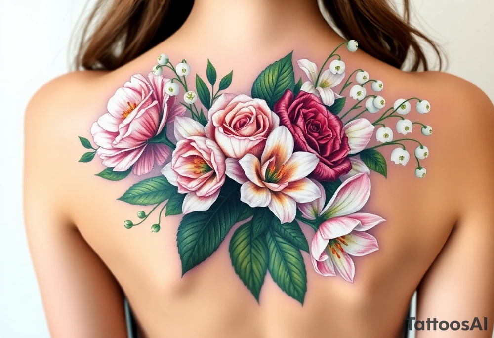 3d Bouquet of Carnation, Astor, Rose, Lily of the valley, Larkspur with realistic, no black tattoo idea