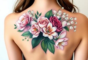 3d Bouquet of Carnation, Astor, Rose, Lily of the valley, Larkspur with realistic, no black tattoo idea