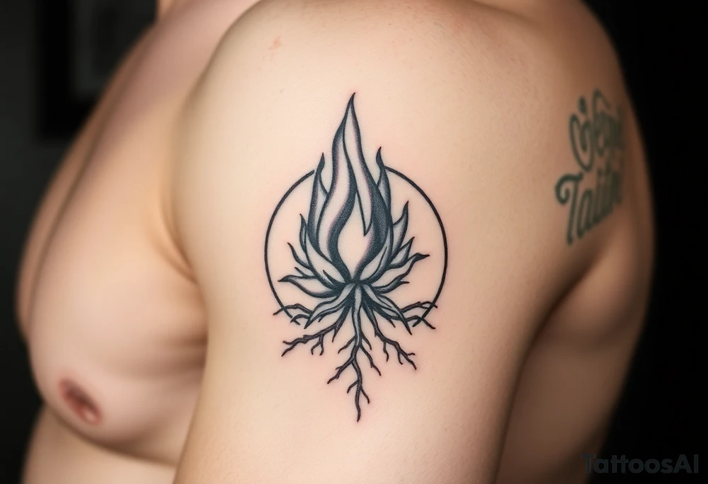 flame in a blooming roots circle tattoo idea