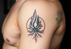 flame in a blooming roots circle tattoo idea