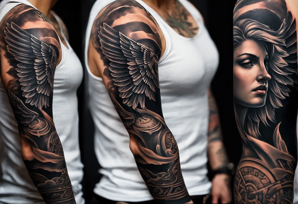 A full tattoo sleeve inspired by Greek mythology, featuring a powerful and masculine design. The sleeve includes a depiction of the Greek goddess Athena, portrayed with a strong and authoritative presence, symbolizing wisdom and strength. However, she is not the main focal point. The centerpiece is a dramatic image of a fallen angel, wings outstretched as it descends, symbolizing struggle and redemption. The design is bold, with sharp contrasts and clean lines, emphasizing the dynamic movement of the falling angel. Surrounding these figures, incorporate a mandala effect with geometric patterns that add a sense of order amidst the chaos. Additional elements such as an owl with fierce eyes, a warrior's helmet, and olive branches are woven throughout, adding depth and reinforcing the mythological theme. The overall aesthetic is intense and rugged, blending elements of power, wisdom, and fallen glory into a cohesive, masculine design. tattoo idea