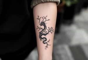 dragon japanese style sakura trees 
front view tattoo idea