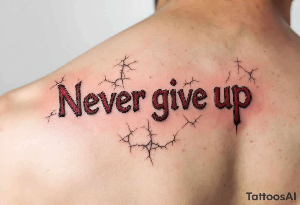 “Never give up” in crimson block letters, cracked like stone with hints of golden resilience lines. tattoo idea