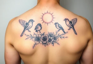 Four birds, flowers, branch, sun tattoo idea