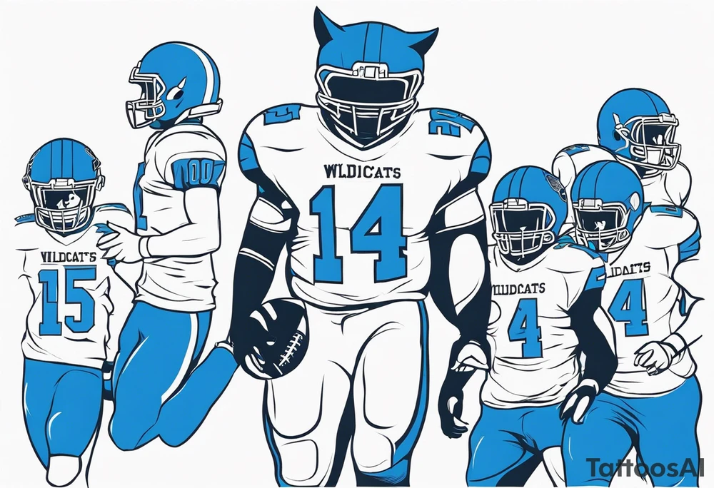 blue wildcat being walked on  leash by high school football players wearing a Carolina blue football jersey that says wildcats tattoo idea