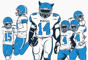 blue wildcat being walked on  leash by high school football players wearing a Carolina blue football jersey that says wildcats tattoo idea