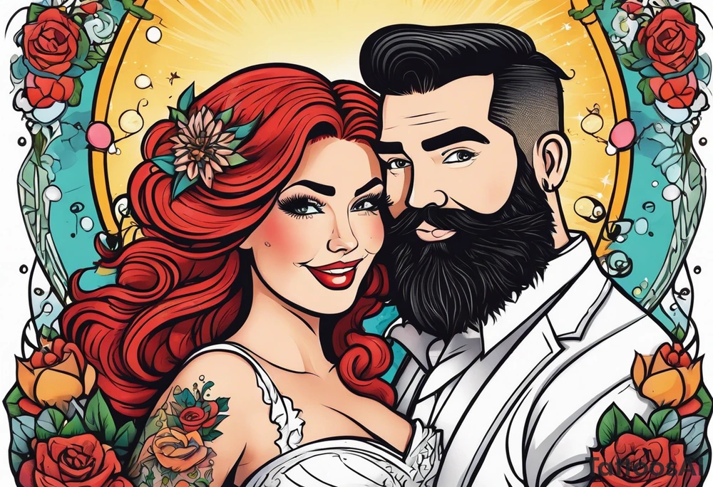 Busty red haired woman with a bearded man who has black hair getting married tattoo idea