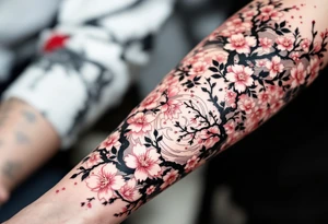 Japanese-Inspired Sakura Sleeve – A full arm sleeve with vibrant pink blossoms, bold black branches, and traditional elements like waves, smoke, and clouds, all done in a classical Irezumi style. tattoo idea