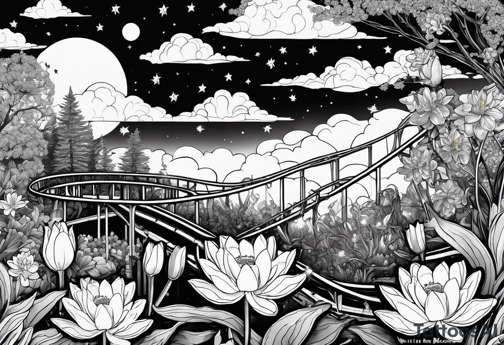 roller coaster track, water lily, daffodils, space and stars, skulls tattoo idea