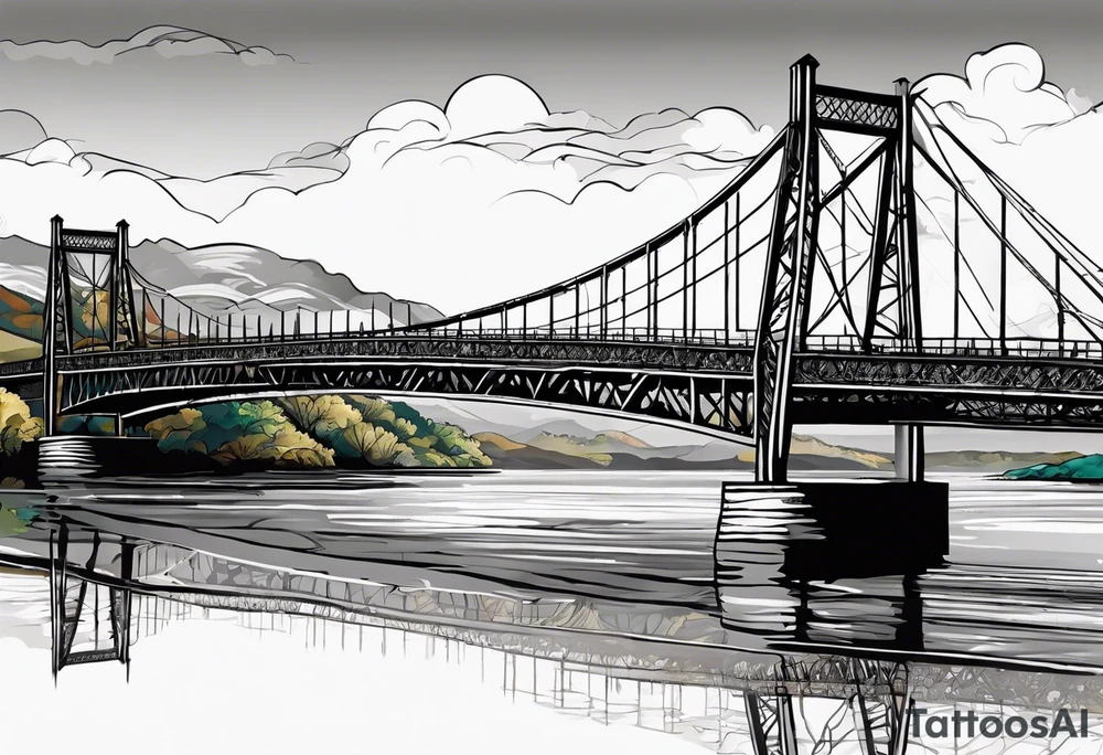 steel truss cantilever bridge over river, tattoo idea