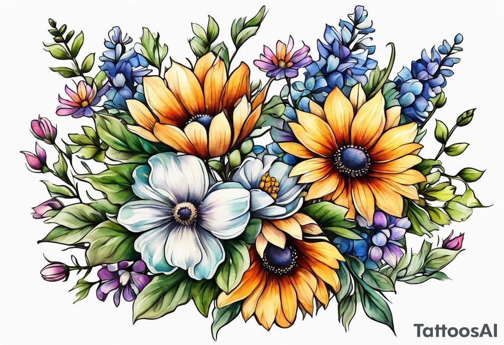 long stem wildflower bouquet tattoo idea