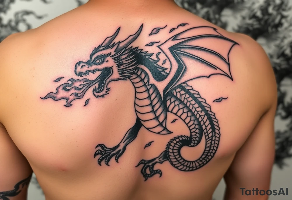 fierce dragon breathing iridescent fire against stormy skies tattoo idea