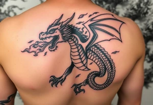 fierce dragon breathing iridescent fire against stormy skies tattoo idea