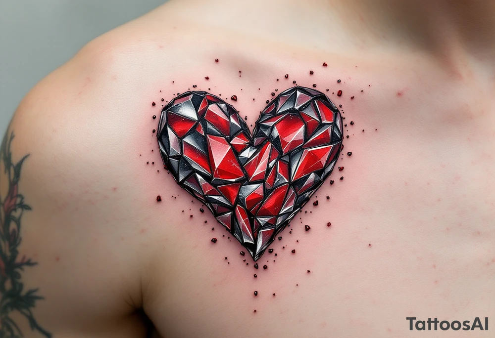 A shattered glass heart in deep red and silver, with tiny shards floating around, representing fragility and loss. tattoo idea