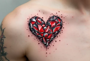 A shattered glass heart in deep red and silver, with tiny shards floating around, representing fragility and loss. tattoo idea