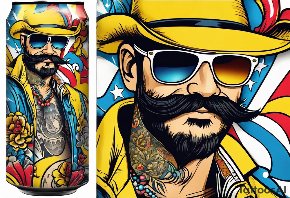 Attractive Male with yellow trucker hat, 70’s 
mustache, round sunglasses, tools tattoo idea